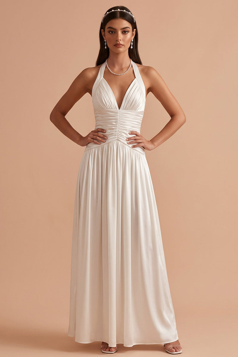 Load image into Gallery viewer, White Pleated A-Line Halter Satin Long Wedding Dress