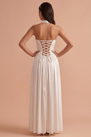 Load image into Gallery viewer, White Pleated A-Line Halter Satin Long Wedding Dress