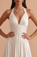 Load image into Gallery viewer, White Pleated A-Line Halter Satin Long Wedding Dress