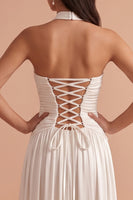 Load image into Gallery viewer, White Pleated A-Line Halter Satin Long Wedding Dress