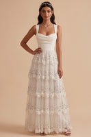 Load image into Gallery viewer, Sparkly White Floral Sequin Ruffled A-Line Ruched Square Neck Long Wedding Dress