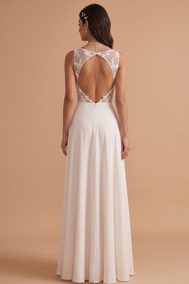 Load image into Gallery viewer, White A-Line Butterfly Keyhole Back Illusion Bateau Neck Long Wedding Dress with Slit