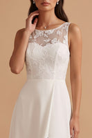 Load image into Gallery viewer, White A-Line Butterfly Keyhole Back Illusion Bateau Neck Long Wedding Dress with Slit