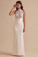 Load image into Gallery viewer, White Mermaid High Neck Beaded Keyhole Back Long Wedding Dress with Sequins