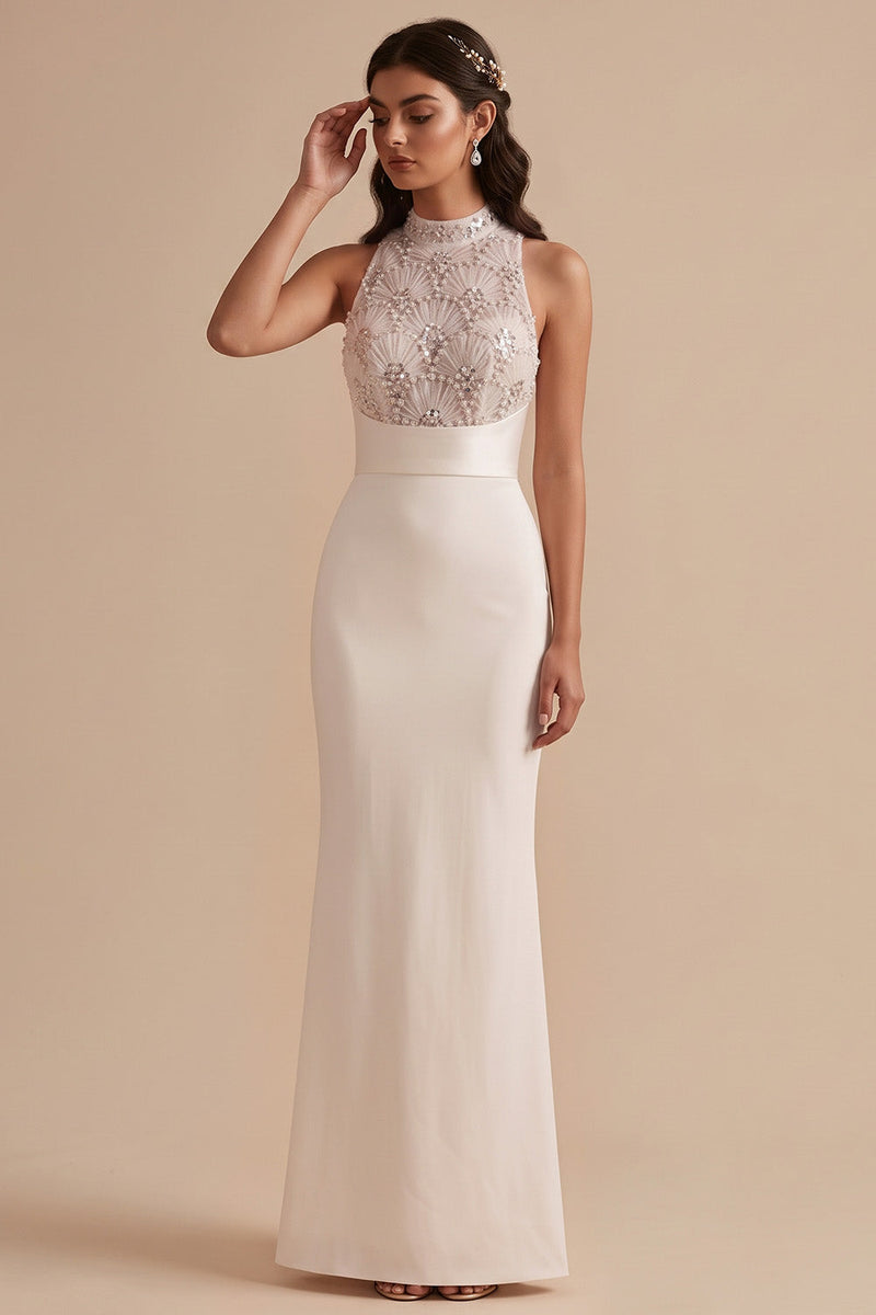 Load image into Gallery viewer, White Mermaid High Neck Beaded Keyhole Back Long Wedding Dress with Sequins