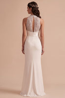 Load image into Gallery viewer, White Mermaid High Neck Beaded Keyhole Back Long Wedding Dress with Sequins