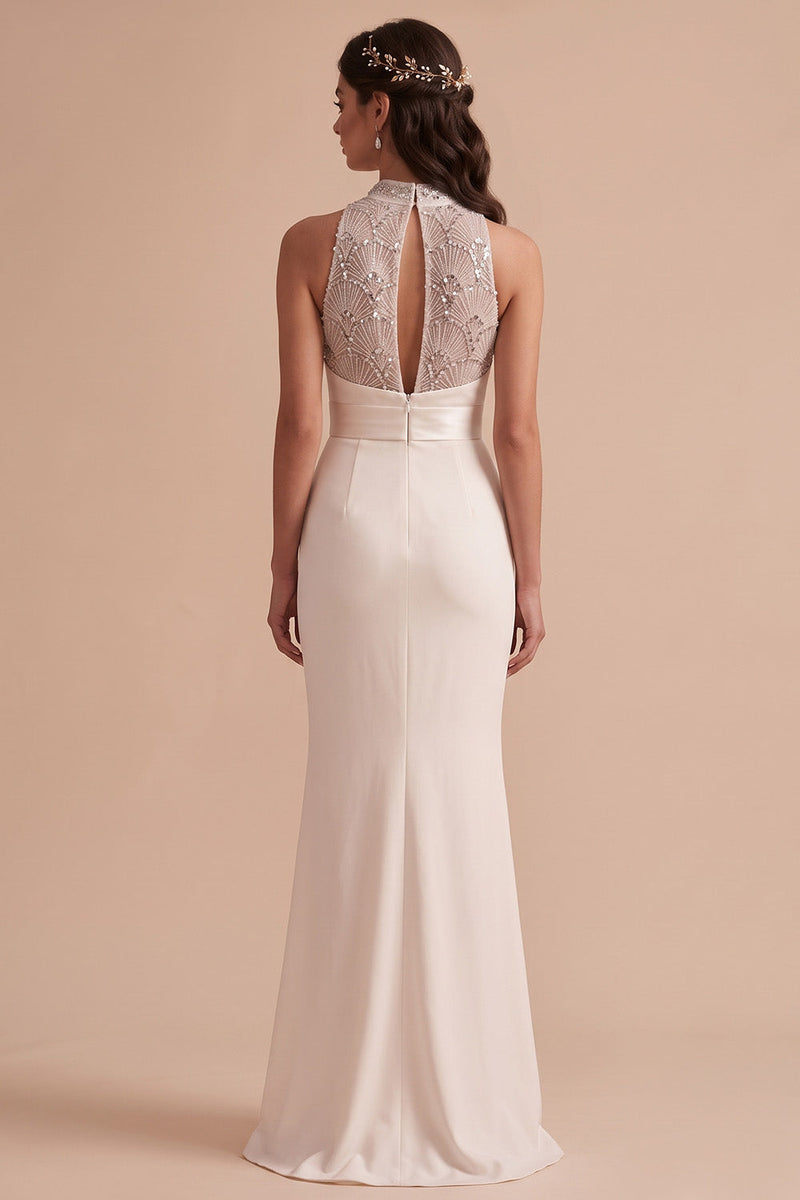 Load image into Gallery viewer, White Mermaid High Neck Beaded Keyhole Back Long Wedding Dress with Sequins