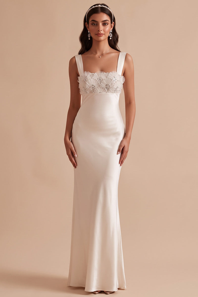 Load image into Gallery viewer, Beaded White Mermaid Square Neck Satin Long Wedding Dress