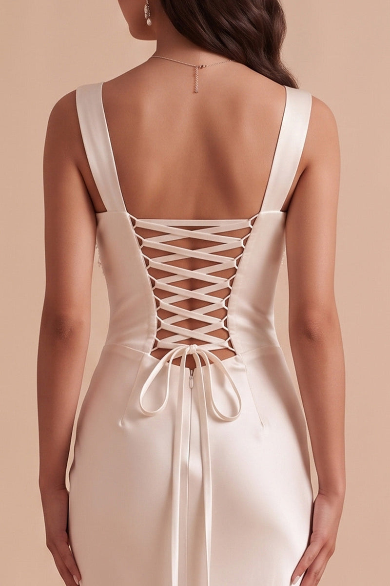Load image into Gallery viewer, Beaded White Mermaid Square Neck Satin Long Wedding Dress
