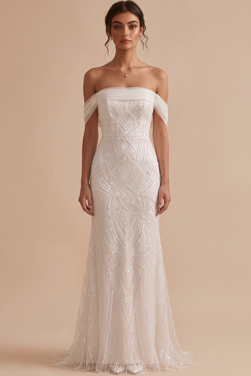 Load image into Gallery viewer, Sparkly White Mermaid Off the Shoulder Sequin Sweep Train Wedding Dress