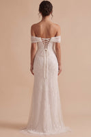 Load image into Gallery viewer, Sparkly White Mermaid Off the Shoulder Sequin Sweep Train Wedding Dress