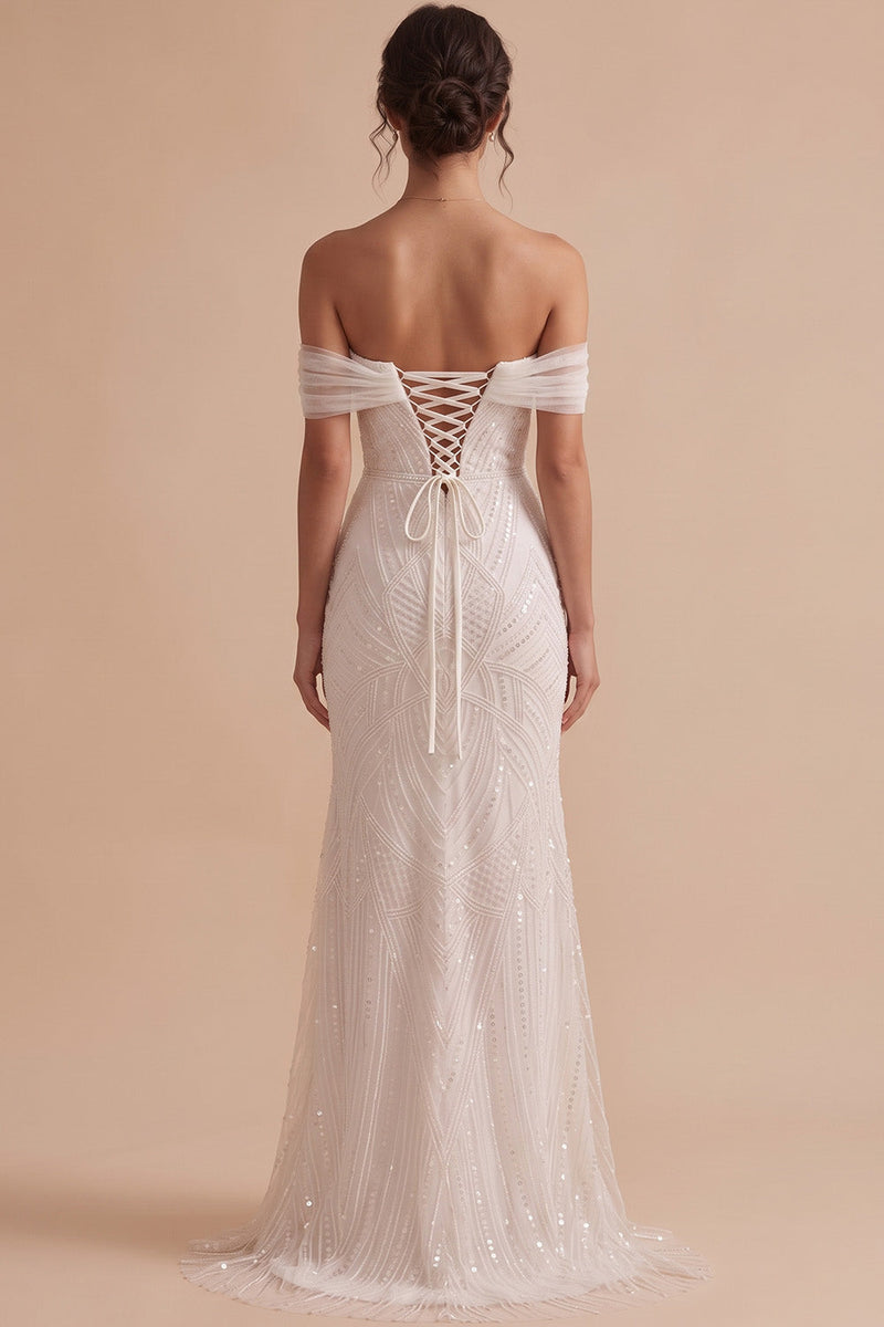 Load image into Gallery viewer, Sparkly White Mermaid Off the Shoulder Sequin Sweep Train Wedding Dress