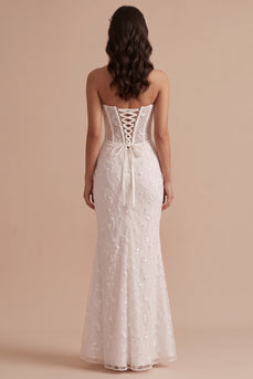 White Corset Floral Mermaid Strapless Long Wedding Dress