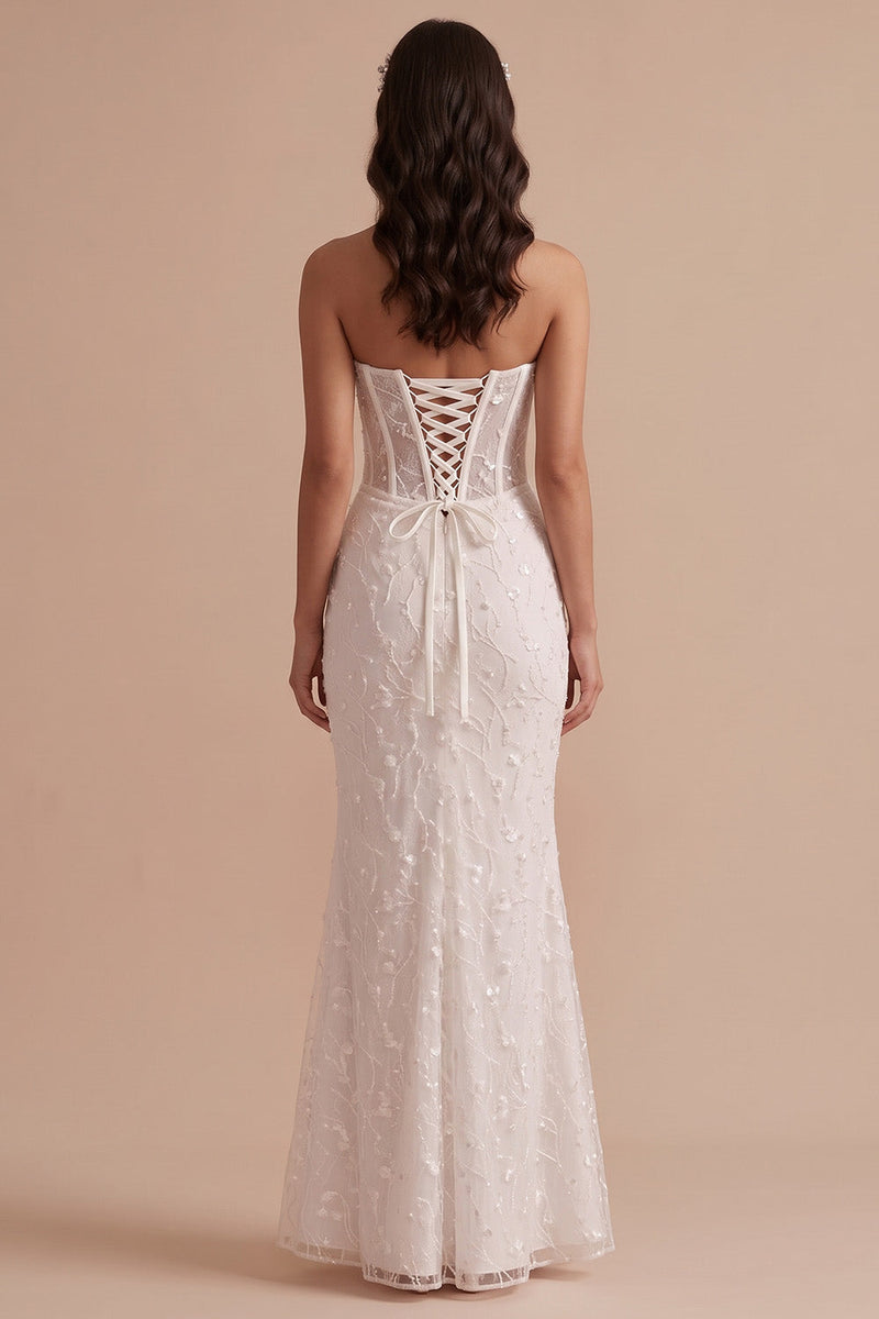 Load image into Gallery viewer, White Corset Floral Mermaid Strapless Long Wedding Dress