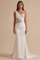 Load image into Gallery viewer, White Mermaid Beaded Ruched One Shoulder Sweep Train Wedding Dress with Lace