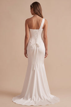 White Mermaid Beaded Ruched One Shoulder Sweep Train Wedding Dress with Lace