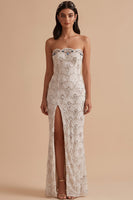 Load image into Gallery viewer, Sparkly White Mermaid Beaded Strapless Sequin Long Wedding Dress with Slit