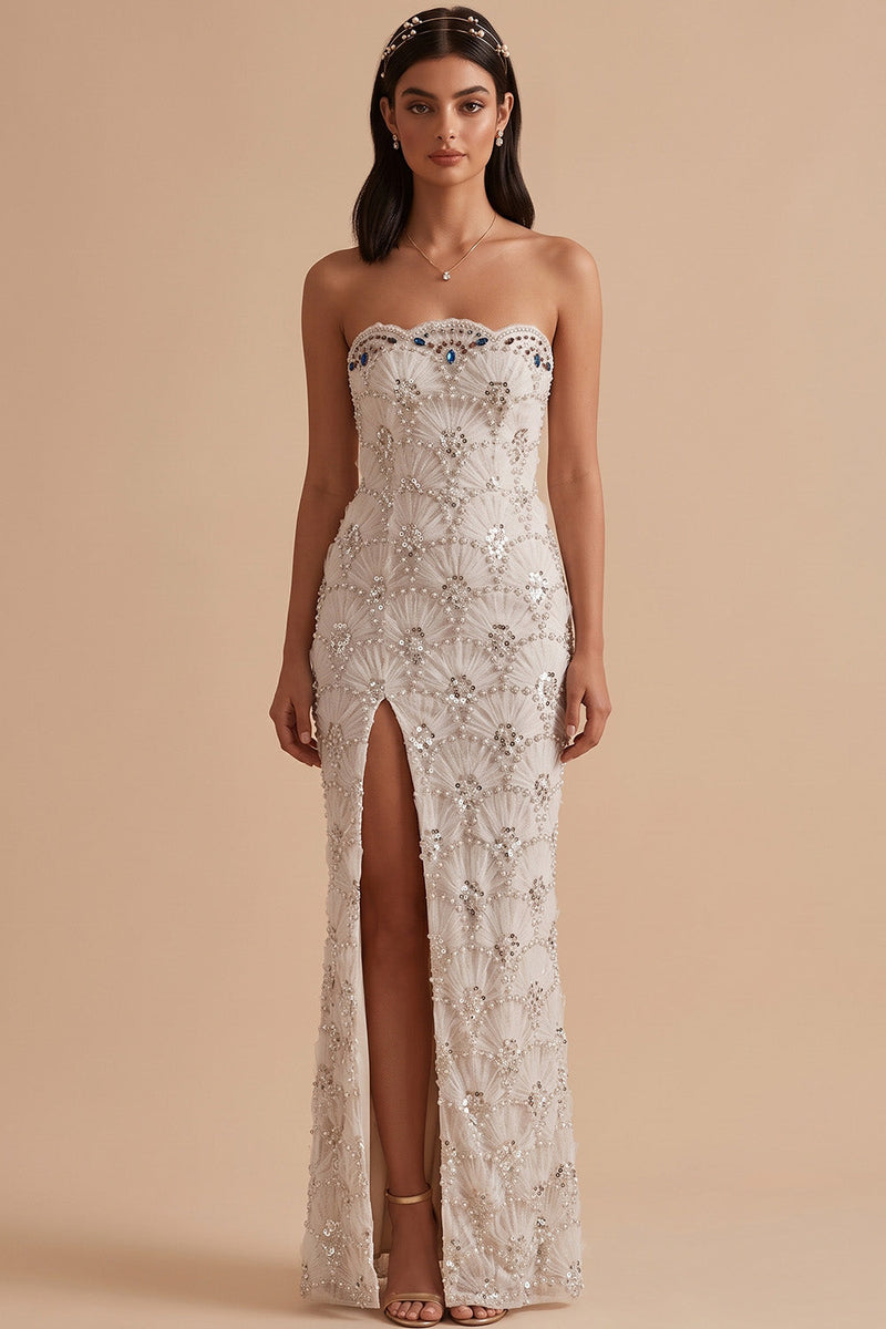 Load image into Gallery viewer, Sparkly White Mermaid Beaded Strapless Sequin Long Wedding Dress with Slit