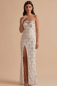 Sparkly White Mermaid Beaded Strapless Sequin Long Wedding Dress with Slit