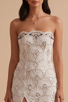Load image into Gallery viewer, Sparkly White Mermaid Beaded Strapless Sequin Long Wedding Dress with Slit