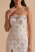 Load image into Gallery viewer, Sparkly White Mermaid Beaded Strapless Sequin Long Wedding Dress with Slit