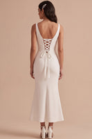 Load image into Gallery viewer, Simple White Satin Mermaid V-Neck Ruched Midi Wedding Dress