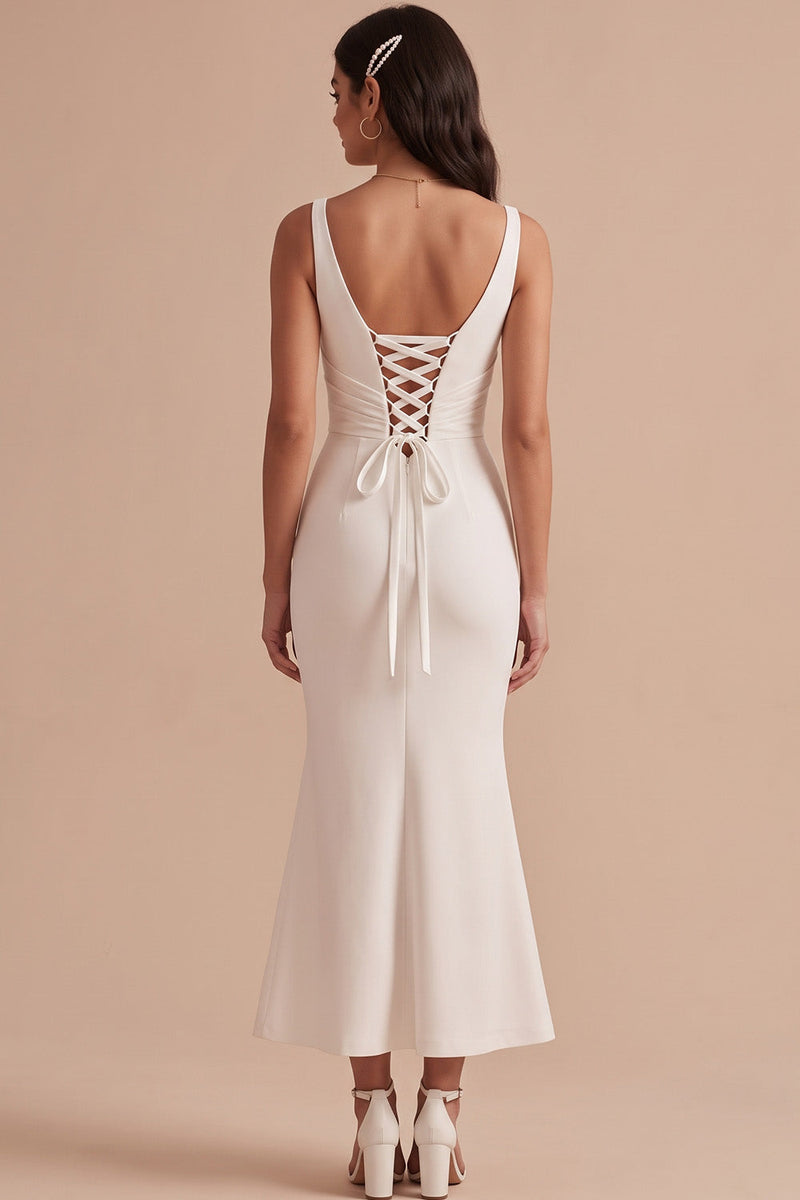 Load image into Gallery viewer, Simple White Satin Mermaid V-Neck Ruched Midi Wedding Dress