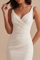 Load image into Gallery viewer, Simple White Satin Mermaid V-Neck Ruched Midi Wedding Dress