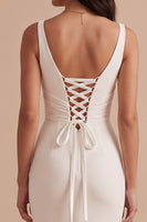 Load image into Gallery viewer, Simple White Satin Mermaid V-Neck Ruched Midi Wedding Dress
