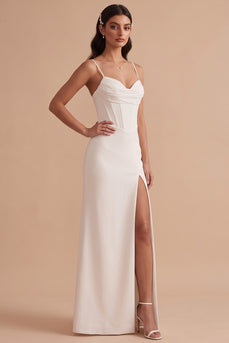 White Satin Corset Sheath Ruched Long Wedding Dress with Slit