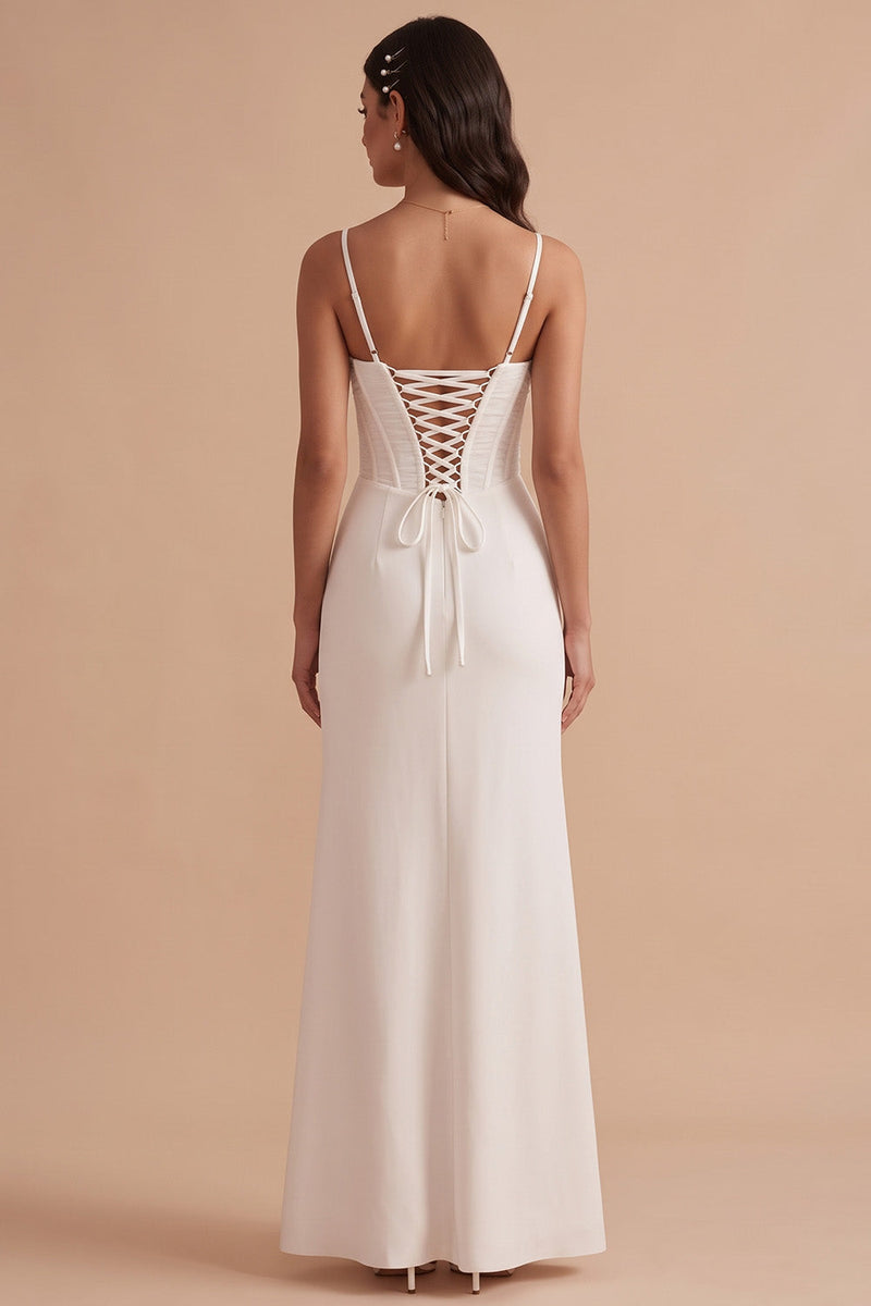 Load image into Gallery viewer, White Satin Corset Sheath Ruched Long Wedding Dress with Slit