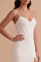 Load image into Gallery viewer, White Satin Corset Sheath Ruched Long Wedding Dress with Slit