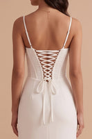 Load image into Gallery viewer, White Satin Corset Sheath Ruched Long Wedding Dress with Slit