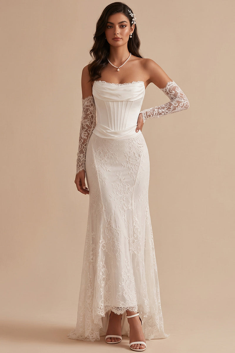 Load image into Gallery viewer, White Corset Lace Mermaid Strapless Ruched High-Low Wedding Dress