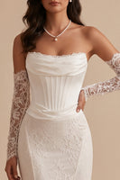 Load image into Gallery viewer, White Corset Lace Mermaid Strapless Ruched High-Low Wedding Dress