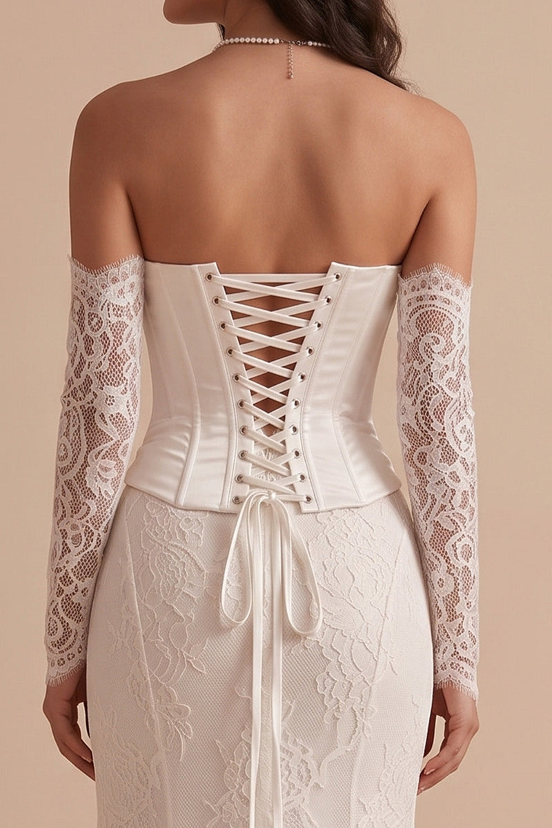 Load image into Gallery viewer, White Corset Lace Mermaid Strapless Ruched High-Low Wedding Dress