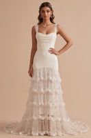 Load image into Gallery viewer, White Mermaid Sequin Ruffled Sweep Train Wedding Dress with 3D Flowers