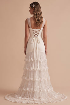 White Mermaid Sequin Ruffled Sweep Train Wedding Dress with 3D Flowers