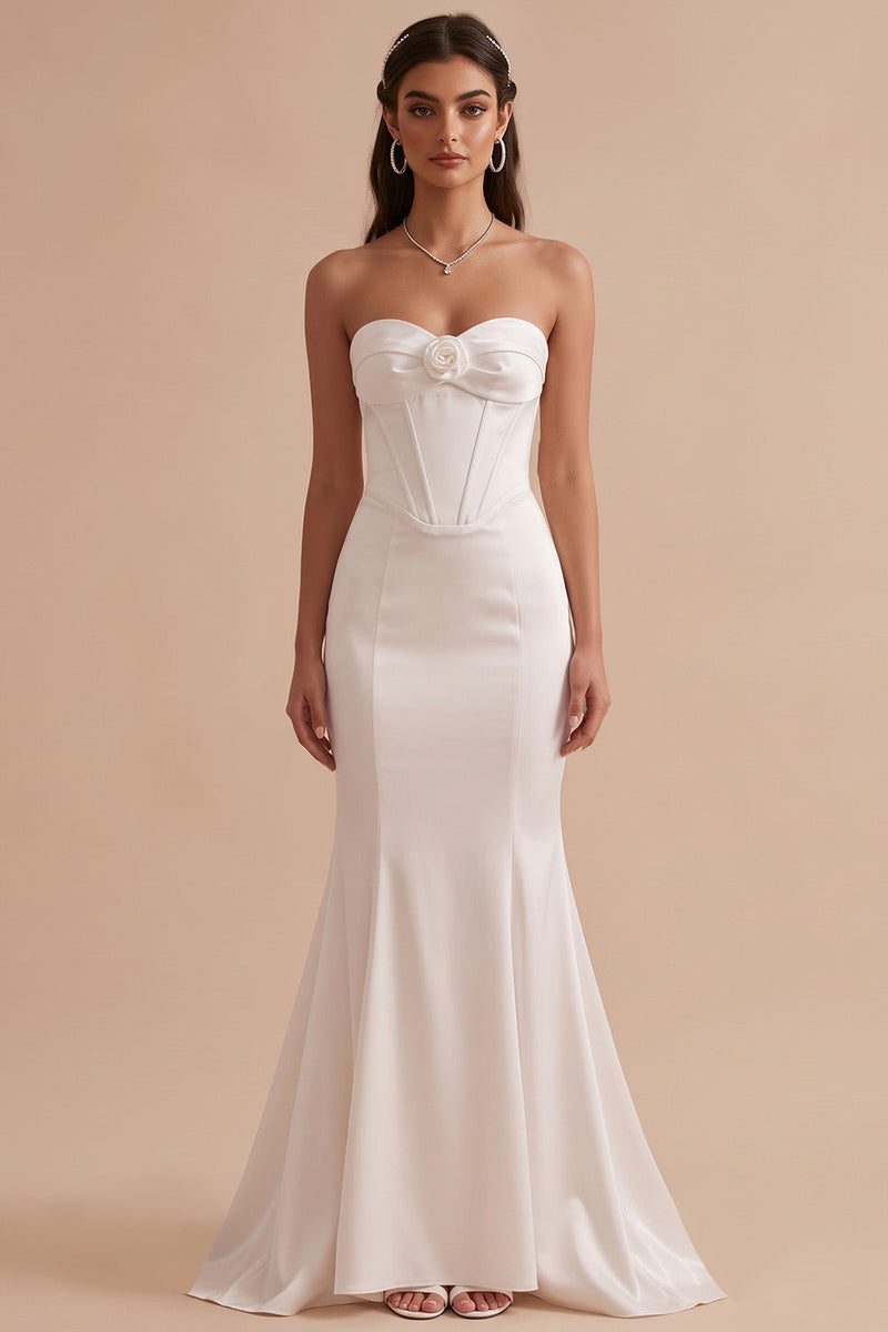 Load image into Gallery viewer, White Corset Satin Sweetheart Sweep Train Wedding Dress with 3D Flower