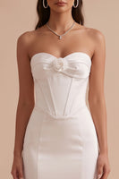 Load image into Gallery viewer, White Corset Satin Sweetheart Sweep Train Wedding Dress with 3D Flower