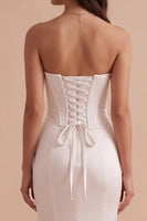 Load image into Gallery viewer, White Corset Satin Sweetheart Sweep Train Wedding Dress with 3D Flower