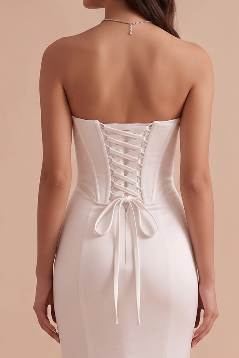 Load image into Gallery viewer, White Corset Satin Sweetheart Sweep Train Wedding Dress with 3D Flower
