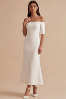 Load image into Gallery viewer, White Bodycon Off the Shoulder Half Sleeves Midi Wedding Dress