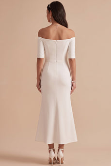 White Bodycon Off the Shoulder Half Sleeves Midi Wedding Dress