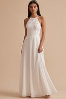 Load image into Gallery viewer, White A-Line Halter Chiffon Keyhole Back Long Wedding Dress with Lace