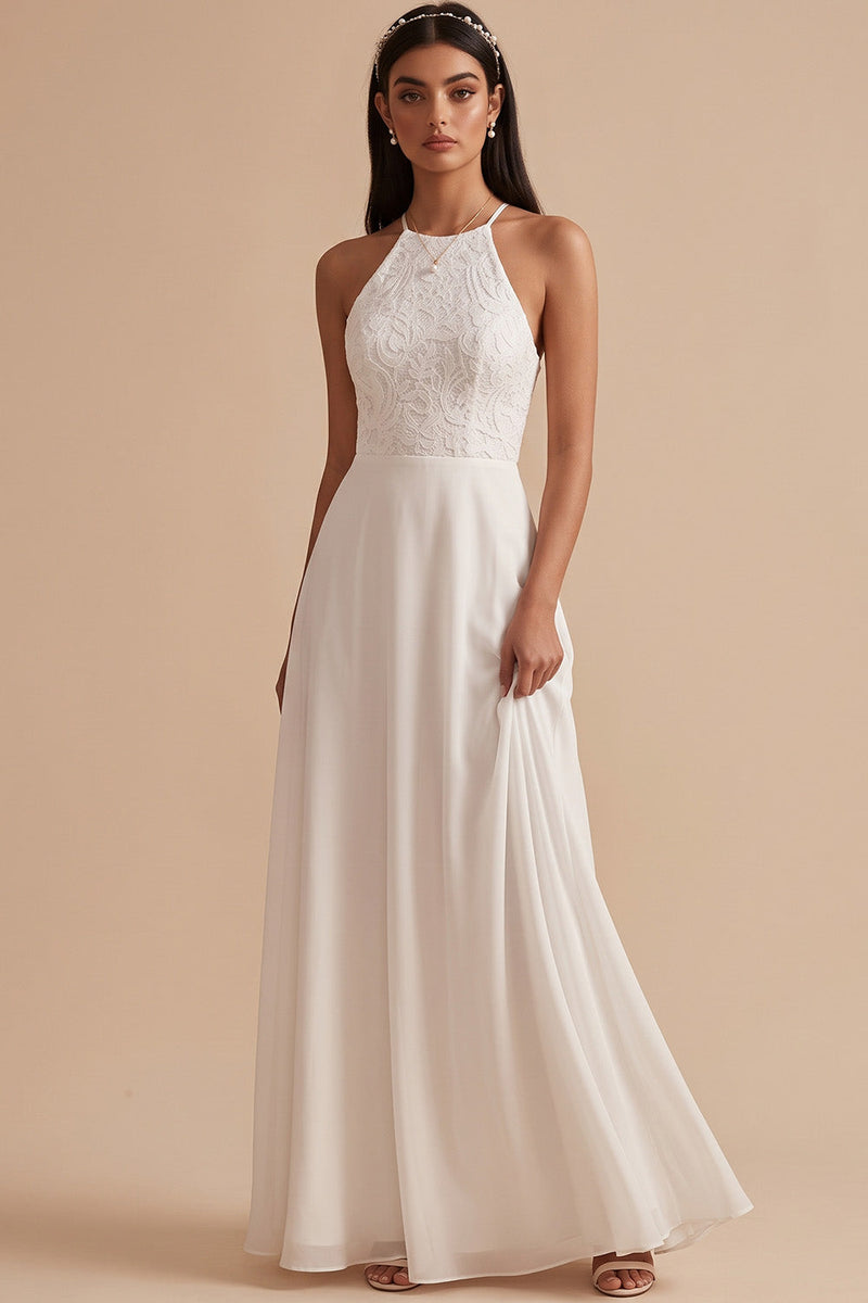 Load image into Gallery viewer, White A-Line Halter Chiffon Keyhole Back Long Wedding Dress with Lace