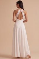 Load image into Gallery viewer, White A-Line Halter Chiffon Keyhole Back Long Wedding Dress with Lace