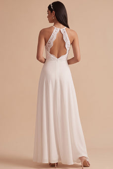 White A-Line Halter Chiffon Keyhole Back Long Wedding Dress with Lace