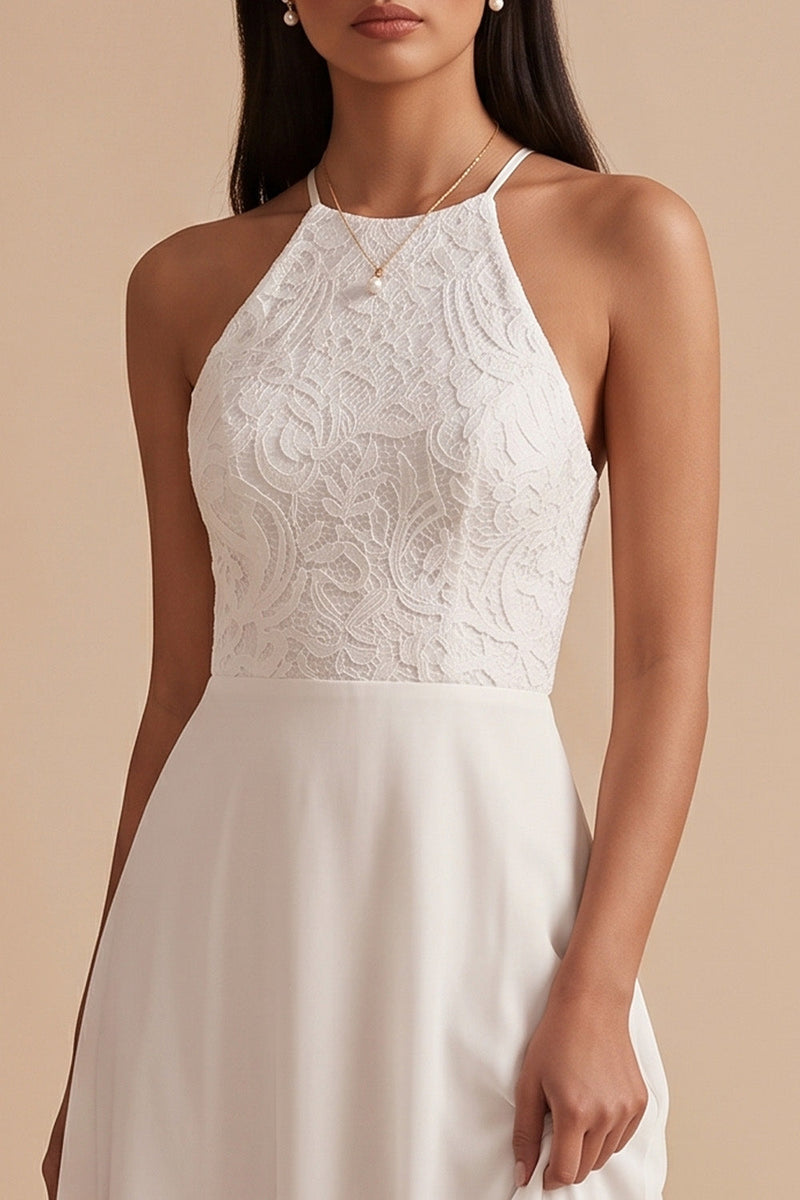 Load image into Gallery viewer, White A-Line Halter Chiffon Keyhole Back Long Wedding Dress with Lace