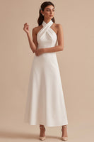 Load image into Gallery viewer, White A-Line Halter Backless Midi Wedding Dress